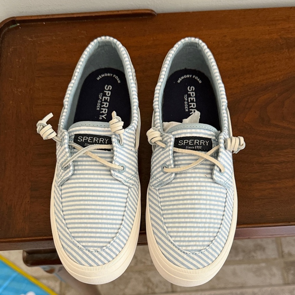 Sperry Blue and White Striped Canvas Boat Shoes